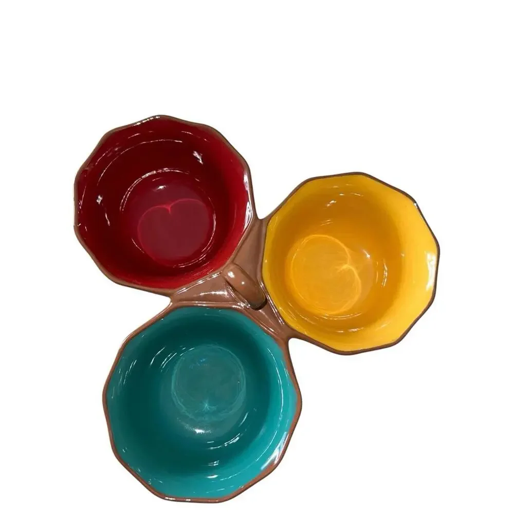 World‎ Market 3-Section Ceramic Condiment Trio Server Salsa Dip Bowl Scalloped